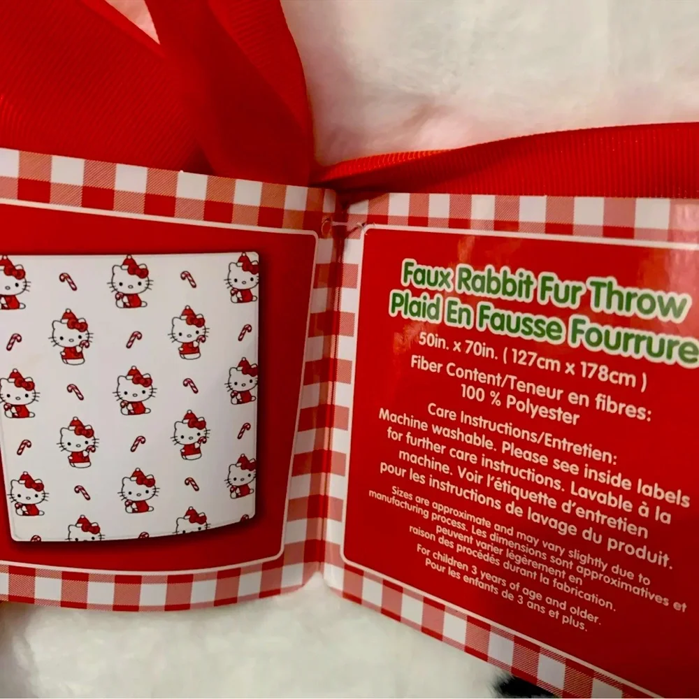 NEW Hello Kitty Christmas Santa Hat Candy Cane Faux Rabbit Fur Throw Blanket Red